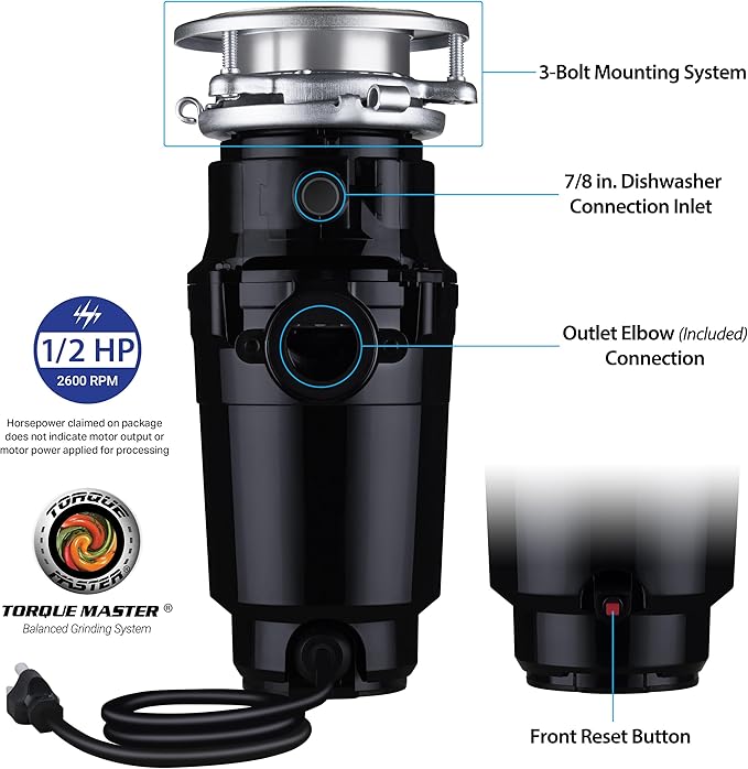Waste Maid 10-US-WM-158-3B Garbage Disposal Anti-Jam Stainless Steel Food Waste Grinding System, 1/2 HP Standard, Black