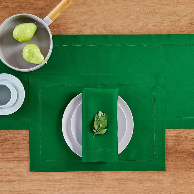 Solino Home Linen Garden Green Table Runner 90 Inches Long - 100% Pure Linen Hemstitch 14 x 90 Inch Table Runner for Dining - Classic Hemstitch