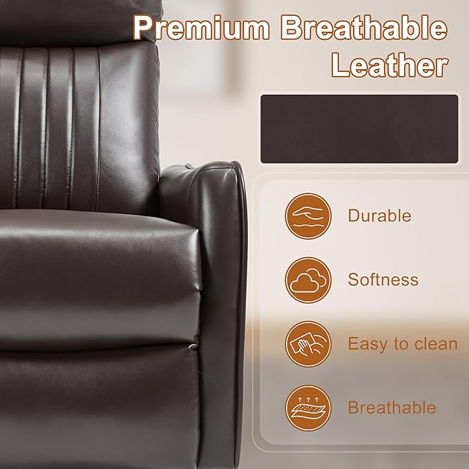 Manual Swivel Rocker Recliner Chair for Adults, Overstuffed Reclining Glider Chair for Nursing with Vibration Massage & Heat, Living Room Rocking Recliner 2-Stage backrest, Faux Leather Brown