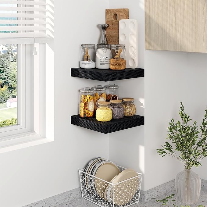 Fun Memories Black Floating Shelves 8 Inch Long, 8" Deep Wall Shelves, Small Deep Floating Shelf Square Wall Shelf, Rustic Display Shelves for Living Room, Bathroom, Kitchen, Set of 2