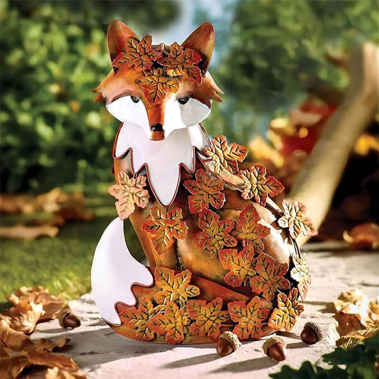 Elenon Metal Fox Statue Art Garden Decoration, Handcrafted Standing Fox Ornament Decor with Fall Leaves, Mid Century Fox Figurine Outdoor Decor for Patios, Lawns, Flower Bed