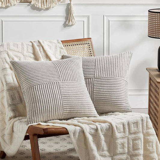 Fancy Homi 2 Packs Neutral Grey Decorative Throw Pillow Covers 20x20 Inch for Living Room Couch Bed Sofa, Farmhouse Boho Home Decor, Soft Corss Corduroy Patchwork Accent Square Cushion Case 50x50 cm
