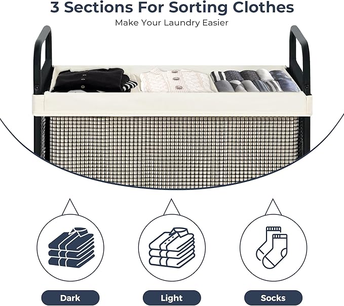 STO STO Laundry Hamper 3 Section, 120L Rolling Laundry Sorter Cart with Removable and Washable Liner Bag, Rolling Clothes Hamper with Metal Handle for Laundry Room and Bedroom
