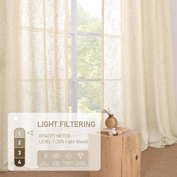 LAMIT Linen Curtains 63 inch Long for Living Room, Linen Light Filtering Boho Semi Sheer Window Textured Modern Drapes with Bronze Grommet for Bedroom, 2 Panels Set, 60 x 63 Inch, Beige