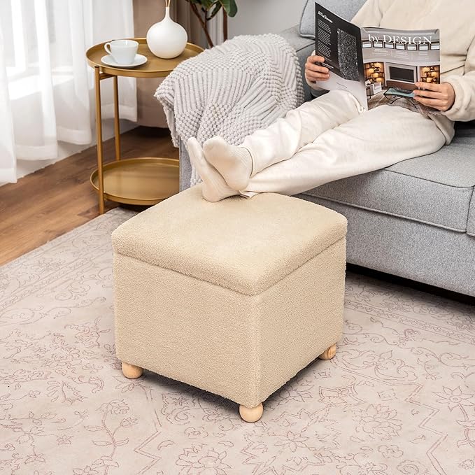 Adeco 17 Inch Soft Oatmeal Cube Ottoman Storage, Teddy Velvet Chair Foot Stools, Upholstered Vanity Stool with Hinged Lid, Solid Round Wood Legs