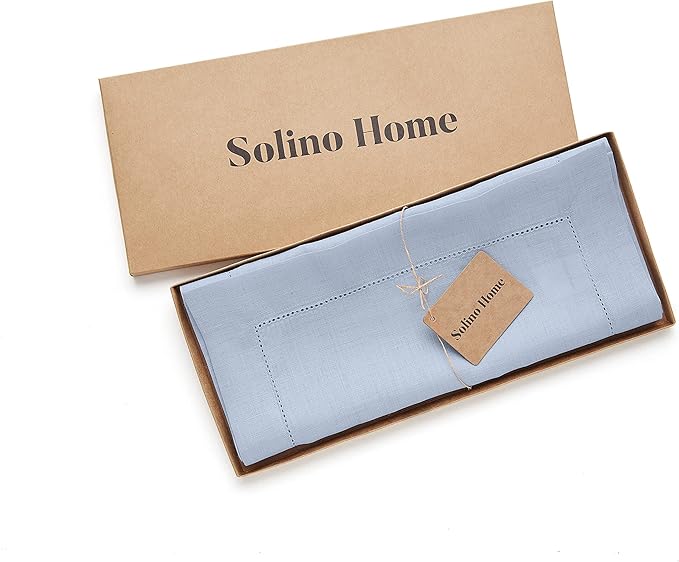 Solino Home Linen Sky Blue Table Runner 60 Inches - Classic Hemstitch, 100% Pure Linen Coffee Table Runner 14 x 60 Inch Ideal for Dresser Tables