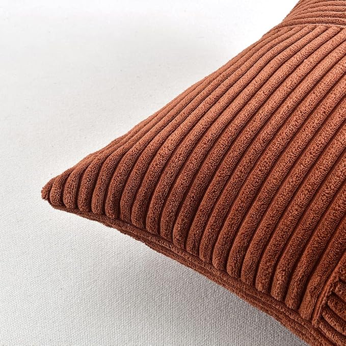 Fancy Homi 2 Packs Rust Lumbar Decorative Throw Pillow Covers 16x32 Inch for Couch Bed Sofa, Rustic Farmhouse Boho Home Decor, Soft Striped Corduroy Rectangle Accent Terracotta Cushion Case 40x80 cm