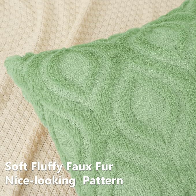 decorUhome Throw Pillow Covers 20x20 Inch Set of 2, Soft Plush Decorative Faux Fur Sage Green Solid Couch Pillow Covers, Accent Farmhouse Neutral Square Euro Pillow Cases for Sofa Bed Living Room