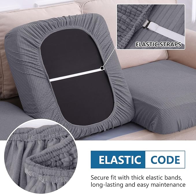hyha Waterproof Couch Cushion Covers for Pets, Non Slip Sofa Seat Cover for Dogs Washable, Soft Thick Stretch Jacquard Fabric, Sofa Slipcovers with Elastic Bottom (2 Pieces, Middle Grey)