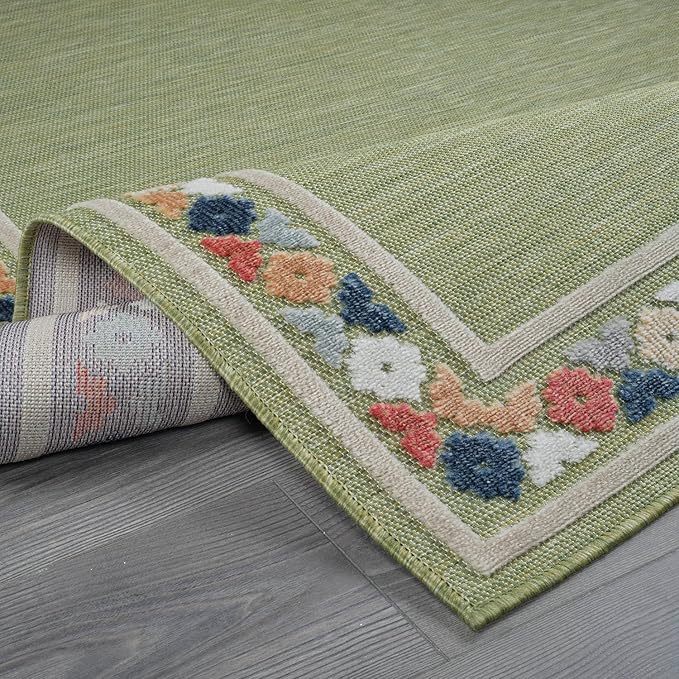 Beverly Rug Outdoor Runner Rug 2x7 Modern Floral Bordered Area Rugs for Indoor and Outdoor Patio Easy to Clean Non Shedding Living Room Porch Garden Washable Outside Carpet (2 x 7 Green)