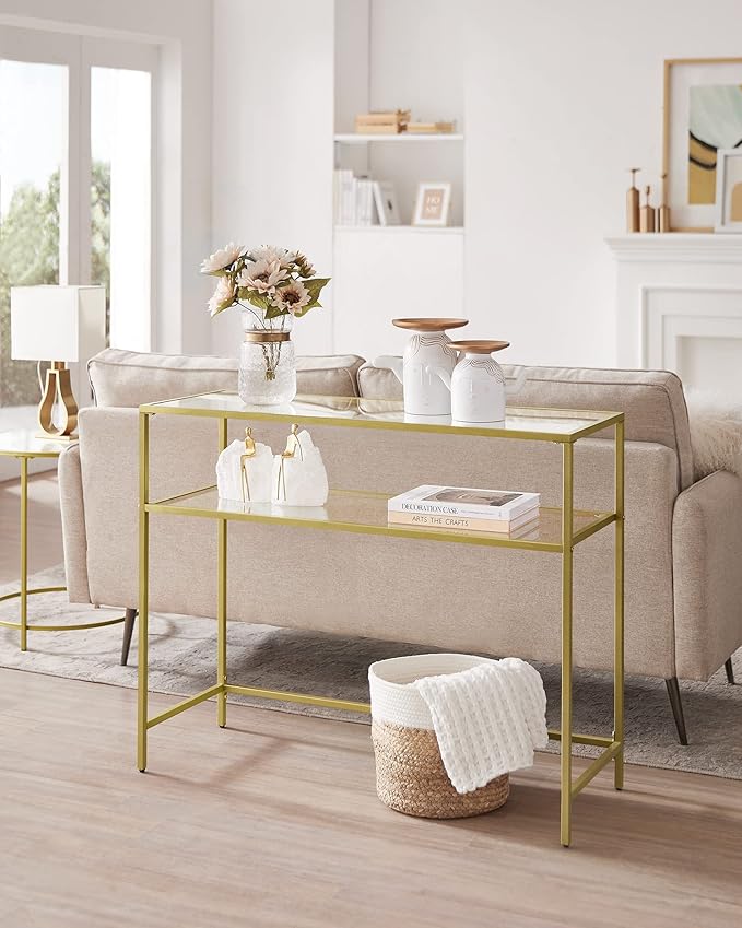 VASAGLE 39.4 Inch Console Sofa Table, Modern Entryway Table, Tempered Glass Table, Metal Frame, 2 Shelves, Adjustable Feet, for Living Room, Hallway, Gold Color ULGT025A01
