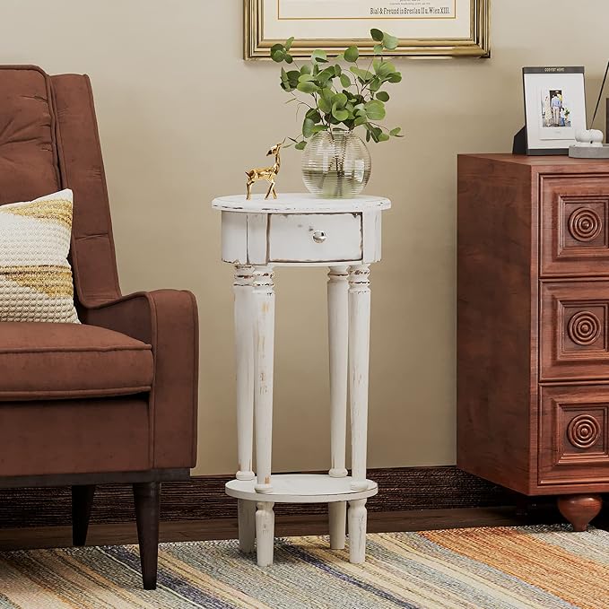 COSIEST Tall End Table with Drawer, Round Nightstand with Storage Shelf, Industrial Telephone End Table for Living Room, Bedroom, Hall Way, Space Saving Beige