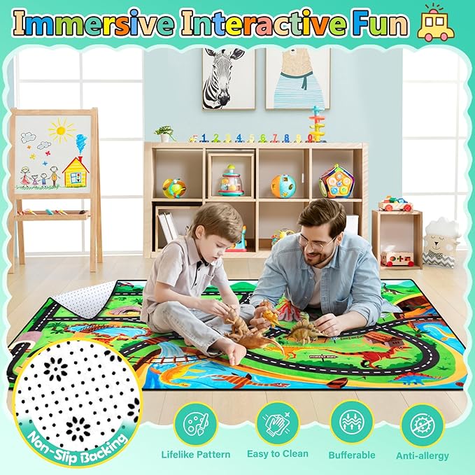 Kids Rug, Car Carpet for Kids' Toy Cars, 5x7 Ft Dinosaur Rug, Dino Safari Road Mat for Playroom, Educational Learning & Game Area Baby Play Mat Carpet for Children