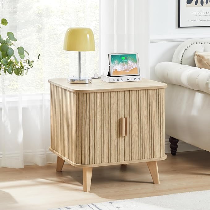 AVZEAR 24" Large Square End Table with Charging Station, Farmhouse Fluted Sofa Side Table with Sliding Tambour Door & Storage, Curved Rustic Wood Nightstand for Living Room, Bedroom, Natural