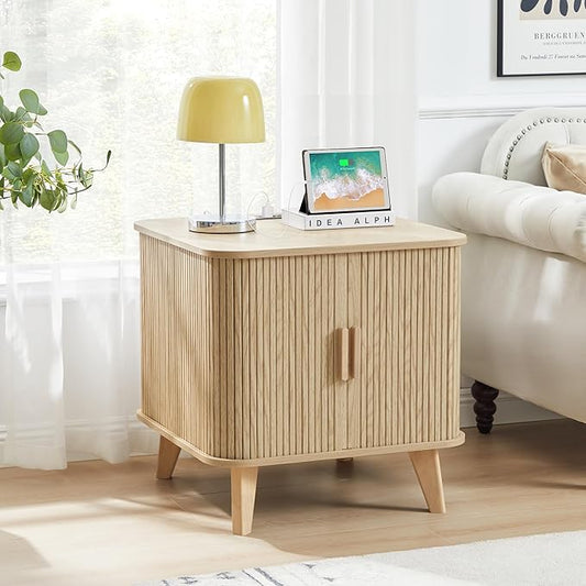AVZEAR 24" Large Square End Table with Charging Station, Farmhouse Fluted Sofa Side Table with Sliding Tambour Door & Storage, Curved Rustic Wood Nightstand for Living Room, Bedroom, Natural