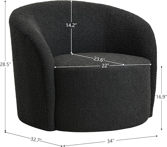 KINWELL 34" W Mid Century Modern Swivel Barrel Chair, Round Upholstered Boucle Swivel Accent Chairs, No Assembly Sofa Chair for Living Room Bedroom Reading Apartment Lounge Nursery(Black)