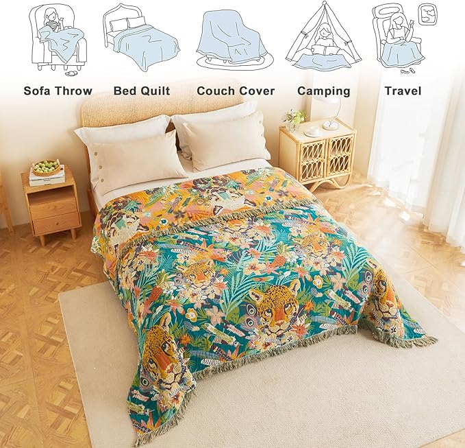 MSGKV Throw Blanket for Couch Cotton Muslin Breathable Leopard Animals Blanket 50"x60" Sofa Chair Blankets for All Seasons Lightweight Farmhouse Blankets Home Decor