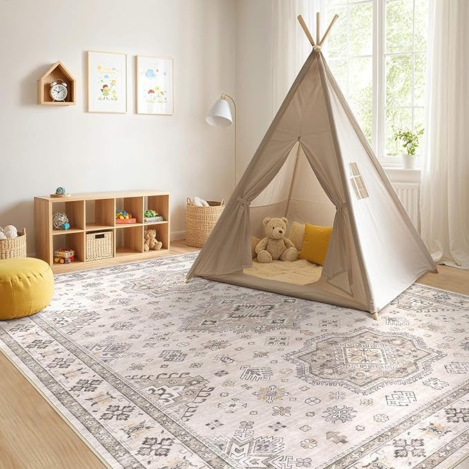 Washable Area Rugs for Living Room -10x13 Neutral Vintage Distressed Floral Farmhouse Boho Large Soft Floor Rug Indoor Non Slip Carpet for Living Room Bedroom Dining Room Office-Beige Brown