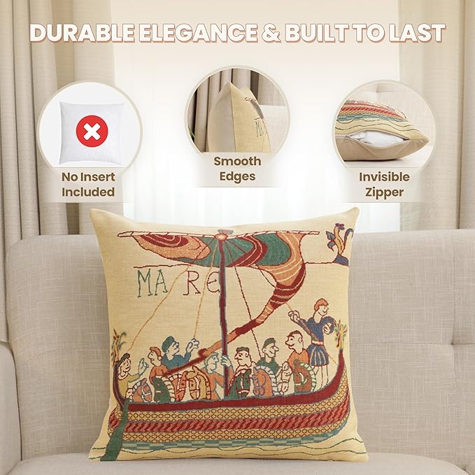 Charlotte Home Furnishings Bayeux Mare Throw Pillow Cover 16" x 16" – Medieval Ship Decorative Tapestry Cushion Case for Sofa, Couch, & Bed | Cotton Jacquard Woven in Europe | Insert Not Included