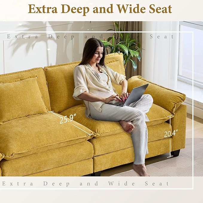 URRED Modular Sectional Sofa Comfy Cloud Couch, Modern Chenille Sofa Sleeper Deep Seat Couches with Ottoman/Pillows for Living Room (Yellow, 117'' - U Shape)