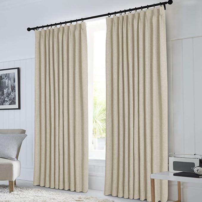 Macochico 100% Blackout Pinch Pleated Linen Curtains 84 Inch Length Thermal Blackout Curtains for Bedroom Living Room Nursery Beige Farmhouse Burlap Curtains with Tieback 52”Wx84”L 1 Panel