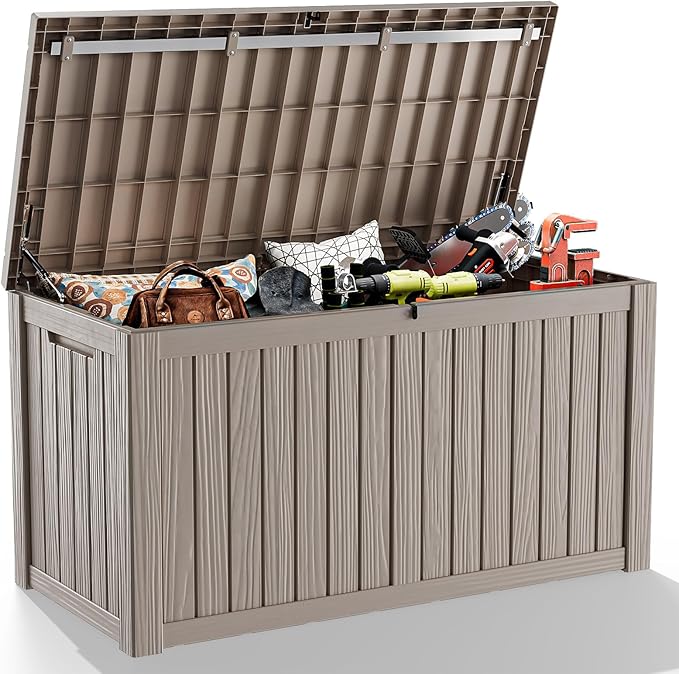 Vixzen 150 Gallon Resin Deck Box, Lockable Outdoor Storage Box for Patio Cushions Storage Furniture,Garden Tools, Pool Supplies, Weatherproof and UV Resistant- Light Brown