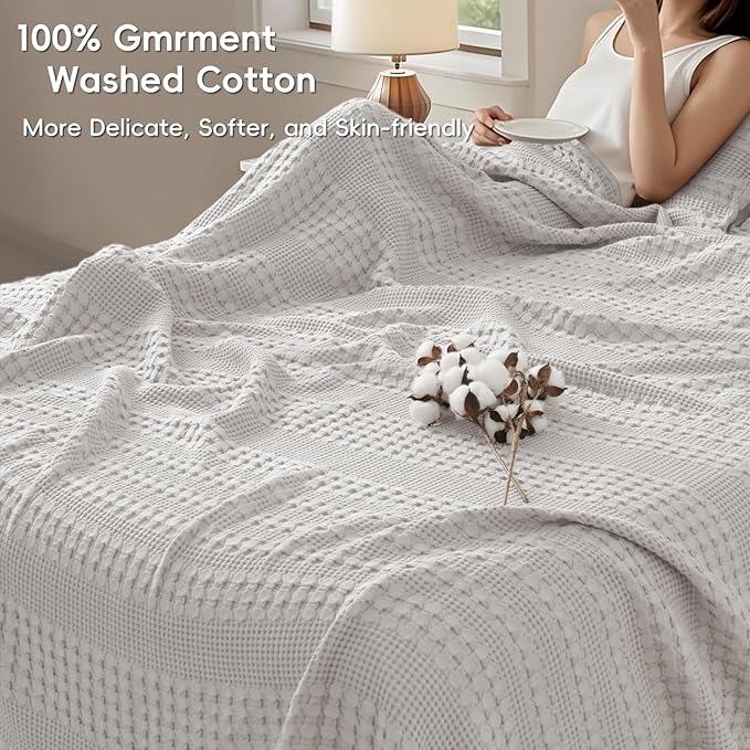 PHF 100% Cotton Waffle Weave Blanket King Size, Soft Lightweight Breathable Cozy Summer Blankets for Bed, Luxury Aesthetic Woven Bedding for Home Decor, 108"x90", Light Grey