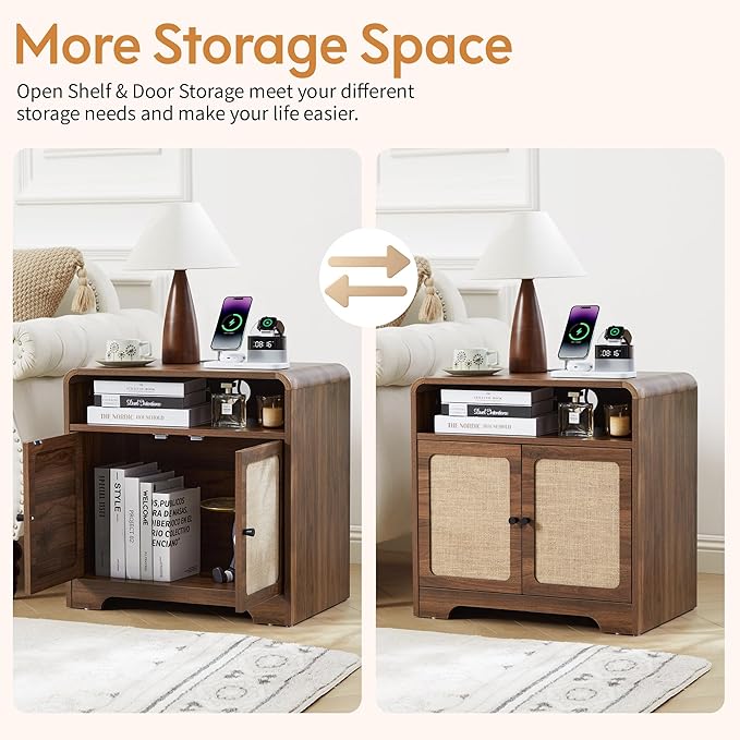 24" Large Side Table with Charging Station, Mid Century Modern End Table with USB/Type-C Ports, Curved Wood Nightstand with Storage & Natural Linen, Couch Side Table for Living Room Bedroom, Walnut