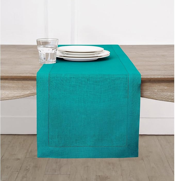 Solino Home Linen Hemstitch Table Runner 48 Inches - 100% Pure Linen Teal Table Runner 14 x 48 Inch Ideal for Dresser and Coffee Tables - Fall, Autumn, Thanksgiving - Classic Hemstitch