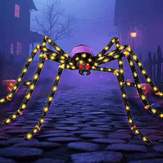 5.5FT Giant Spider Halloween Decorations with 100 LED, Plug-in Pre-Lit Light Up Scary Spider Halloween Decorations, Large Spider Decorations for Outdoor, Yard, Lawn, Exterior Walls