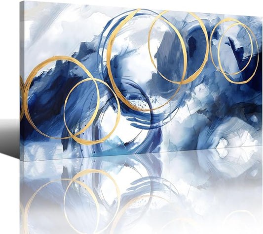 AJAZIKO Blue Abstract Wall Art Modern Art Wall Decor Artwork For Walls Living Room Large Painting Size 20x40 Office Pictures For Wall Navy Gold Contempor Decorations For Bedroom