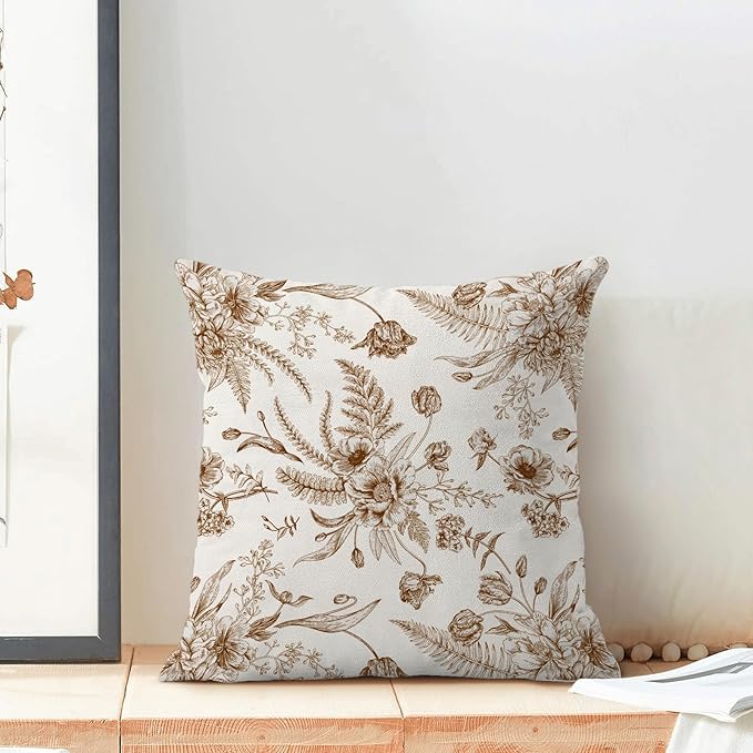 CXMEIFLY Spring Floral Leaves Pillow Covers 18 x 18 Inch Set of 2 for Chinoiserie Flowers Decor Throw Pillows Brown and White Seasonal Plant Outdoor Decorative Cushion Cases for Couch Bed Decorations