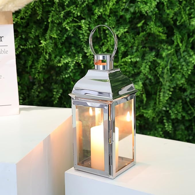 JHY DESIGN Silver Decorative Lanterns 12.5''High Stainless Steel Candle Lanterns with Tempered Glass for Indoor Outdoor Events Parities and Weddings Vintage Style Hanging Lamps
