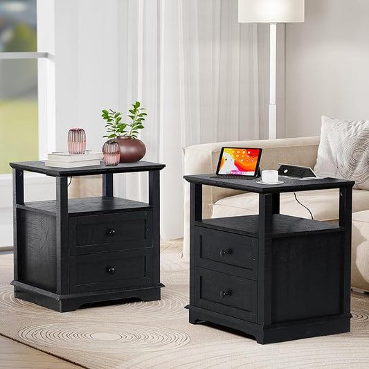 HIFYOBRO Large End Table Set of 2, 2 Drawers and Charging Station, Type-C & USB Port & Power outlets, Wooden End Table, Side Table with Storage for Living Room and Bedroom (Espresso)
