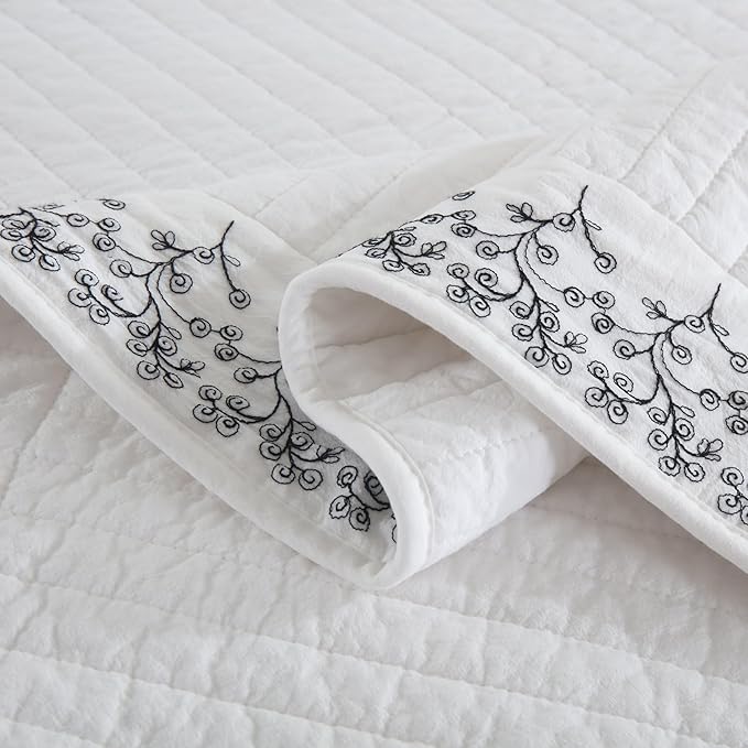 MarCielo 3-Piece 100% Cotton White Striped Quilt Set with Botanical Edge Embroidery TC(Sakura White,Queen (98" X 90"))