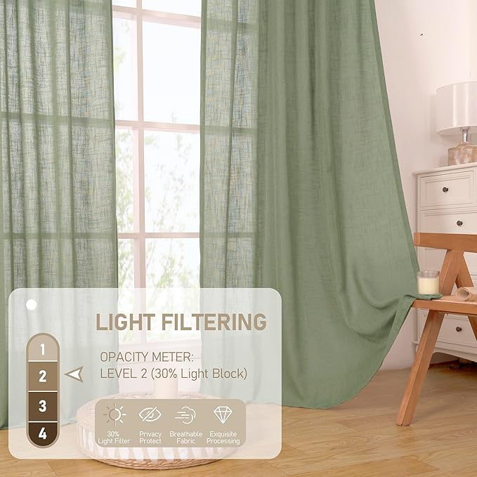LAMIT Linen Curtains 102 Inches Long for Living Room, Bronze Grommet Linen Textured Sheer Curtains Light Filtering Drapes for Boho Farmhouse, 2 Panels, 52 x 102 Inch, Sage Green
