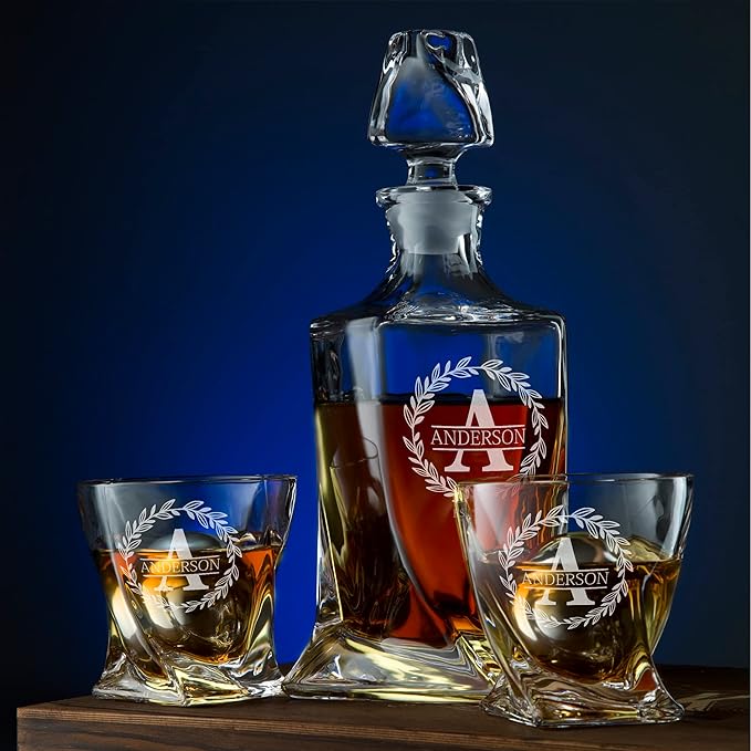 Personalized Whiskey Decanter and Stones Set - Customized Gift for Him - Men, Dad, Father - Engraved Twisted Decanter,2 Twisted Glasses, 2 XL Chilling Balls, Coasters, Tongs in Wooden Gift Box