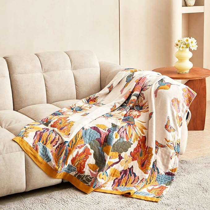 MSGKV Boho Throw Blanket for Couch and Sofa Cotton Cover for Living Room Floral Throw Cozy Blankets (D-Flower and Butterfly, 50" x 60"(Throw))