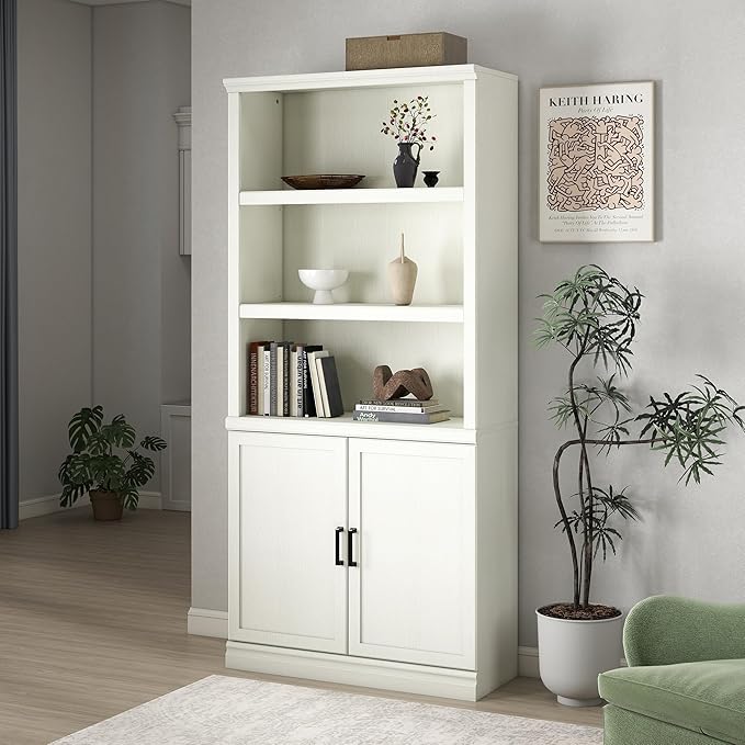 70 Inch Tall Bookcase with Doors, Library Office Bookshelf with Adjustable Shelves, Floor Standing Storage Cabinet for Bedroom Living Room Organizer with Anti Tipping Kit, Soft White Finish