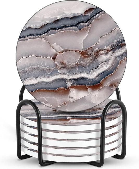 Emerson Coasters for Drinks Absorbent – Natural Stone Drink Coasters Set with Holder, Coasters for Coffee Table, Wooden Tabletop Protection Marble Style – 100% Heavy Duty, Set of 6 (Onyx)