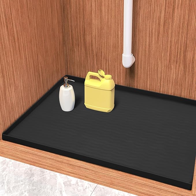 URMONA Waterproof Silicone Under Sink Mat 19'' x 12'' Shelf Liner for Kitchen and Bathroom, Cabinet and Counter Protector, Storage and Organizers, Litter Mat, Pet Cat Puppy Essentials(Black)