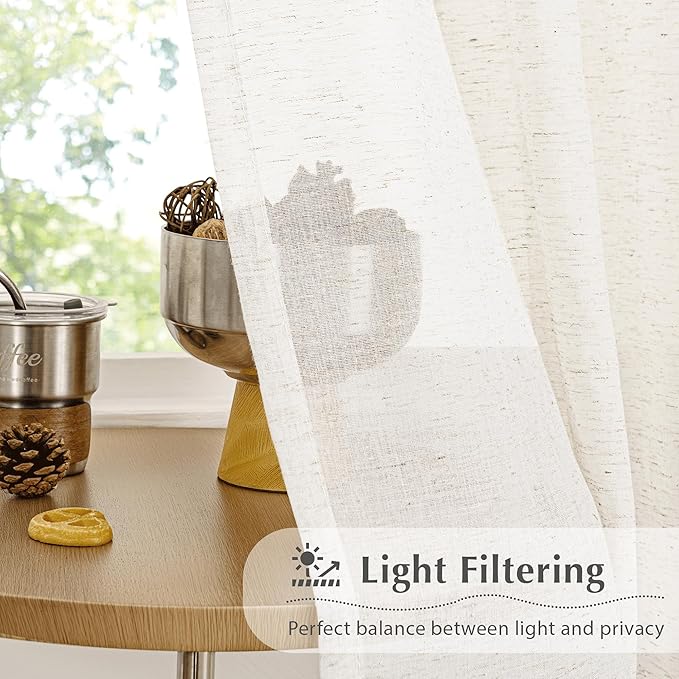 FMFUNCTEX Linen Sheer Pinch Pleated Curtains for Living Room, Linen Flax Beige 84 Inches Long Sheer Curtain See Through Panels for Bedroom, Natural Window Drapes for Farmhouse, Rod Pocket 2 Panels