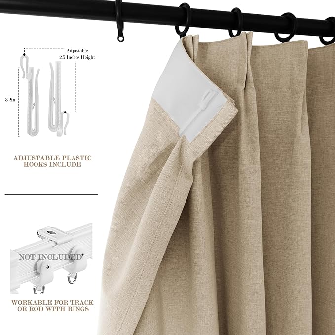 Sand Beige Pinch Pleat 100% Blackout Drapes Linen Blend, Room Divider, Room Darkening, Energy Saving, Furniture Protecting, Light Blocking Extra Wide Privacy Curtains, 240Wx84L, 1 PC