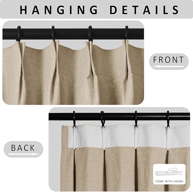 Macochico Pinch Pleated Full Blackout Curtains for Bedroom Living Room Sand Beige Linen Curtains Thermal Insulated and Noise Reducing Window Panels with Tieback Shabby Chic Decor 84”Wx84”L 1 Panel