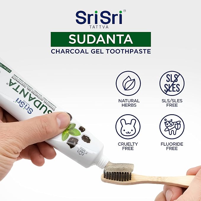 Sri Sri Tattva Sudanta Charcoal Toothpaste Gel – SLS, Fluoride Free Herbal Toothpaste with Neem & Ayurvedic Herbs – Natural Teeth Whitening, Fresh Breath, Oral & Gum Health – 100g Tube (Pack of 1)