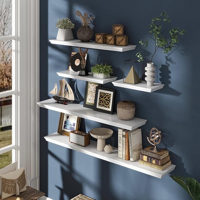 Floating Shelves for Wall, 55 Inch Long Wall Mounted White Hanging Shelf for Kitchen, Living Room, Office, Bedroom, Bathroom, Retro Vintage Wood Bookshelf for House Decor