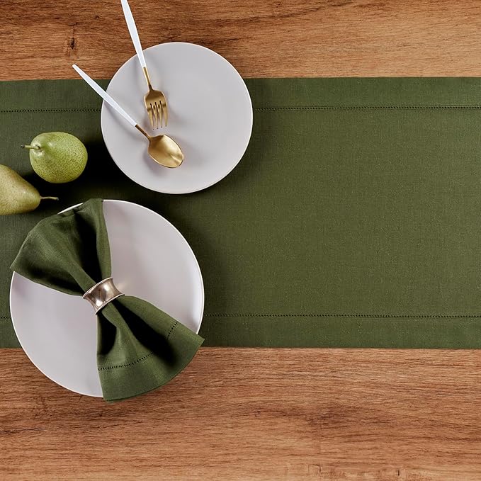 Solino Home Linen Olive Table Runner 72 Inches Long - 100% Pure Linen Hemstitch Table Runner 14 x 72 Inch for Dresser, Dining, Fall, Autumn, Thanksgiving - Classic Hemstitch