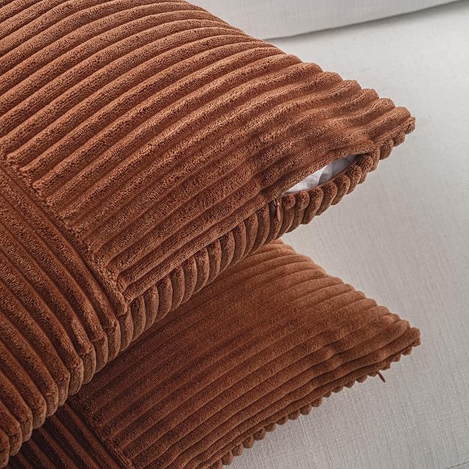 Fancy Homi 2 Packs Rust Euro Decorative Throw Pillow Covers 26x26 Inch for Bedroom Bed, Farmhouse Boho Home Decor, Soft Corss Corduroy Patchwork Textured Square Terracotta Cushion Case 66x66 cm