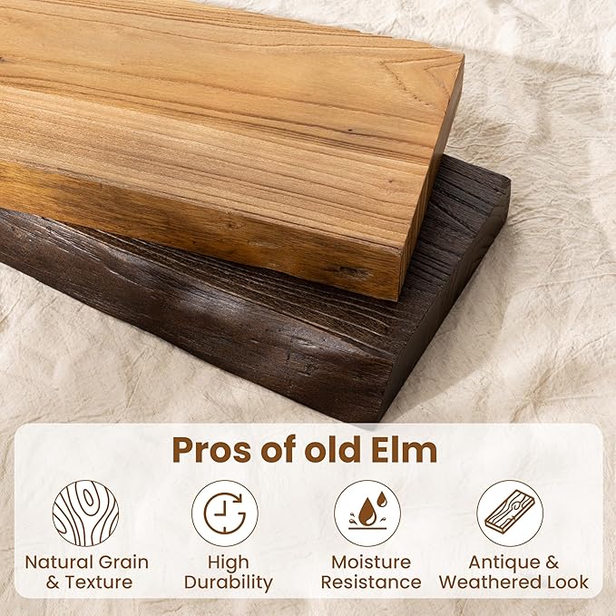 30" Floating Shelves, Live Edge Solid Elm Wood Floating Shelf, Wall Mounted Display Shelves with Heavy-Duty Bracket for Books, Rustic Wooden Shelf for Kitchen, Bathroom, Natural Color, Set of 2