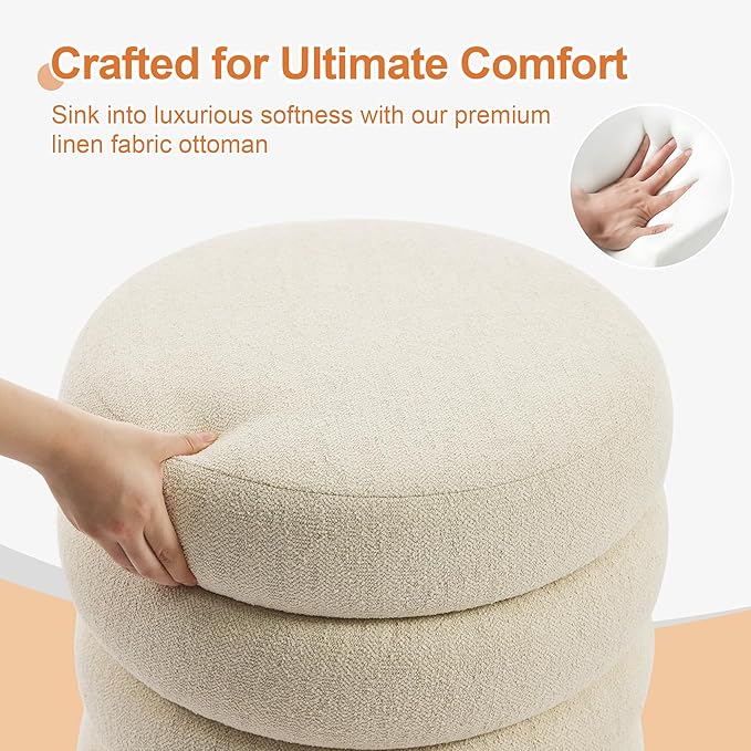 ONEVOG Round Storage Ottoman, 20" Small Ottomans Table with Removable Lid, Linen Fabric Soft Footrest Stools for Couch, Upholstered Stuffed Circle Seat for Living Room/Bedroom/Dorm/Vanity, Beige